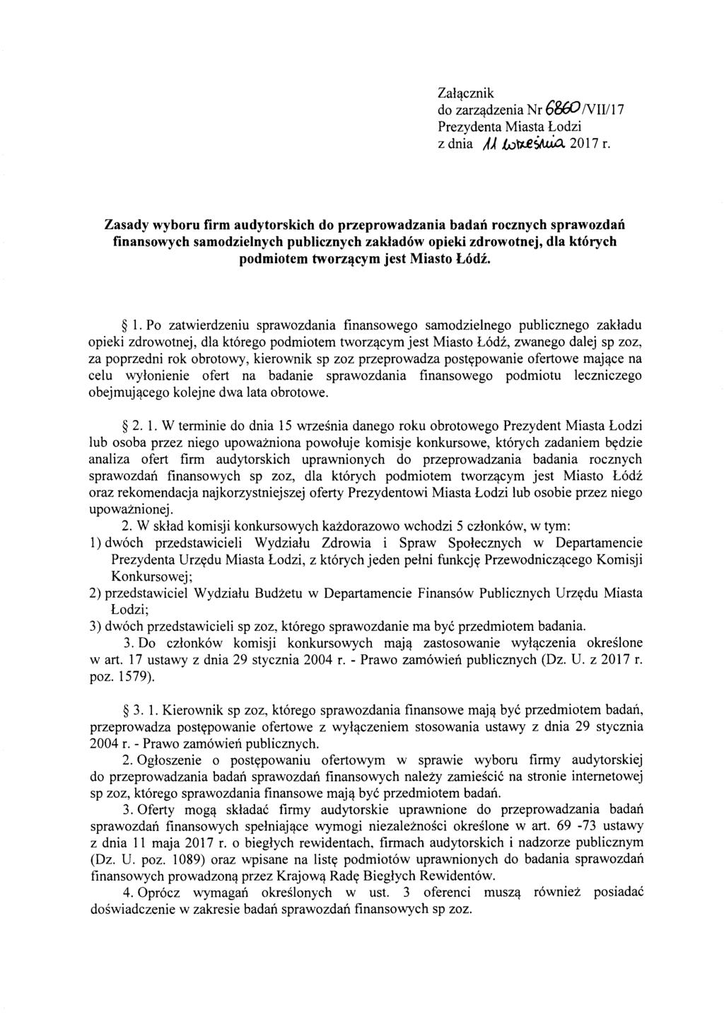 Zalqcznik do zarzqdzenia Nr 6W IVII/17 Prezydenta Miasta Lodzi z dnia A) w'f1. ~ 2017 r.