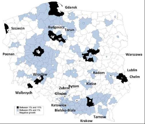 Zmiany liczby ludności wg powiatów w latach 1998 2008 kolor czarny wskazuje obszary podlegające silnej