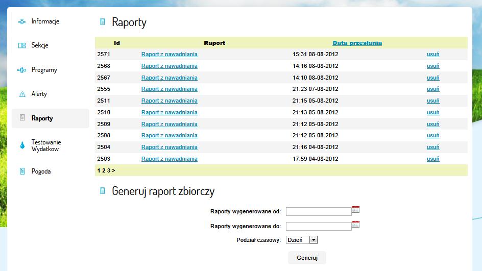 5. Raporty W zakładce tej możemy generować raporty zużycia wody za dany okres. Lista zawiera kolumny: a) Id: systemowy numer raportu. b) Raport: opis zdarzenia.