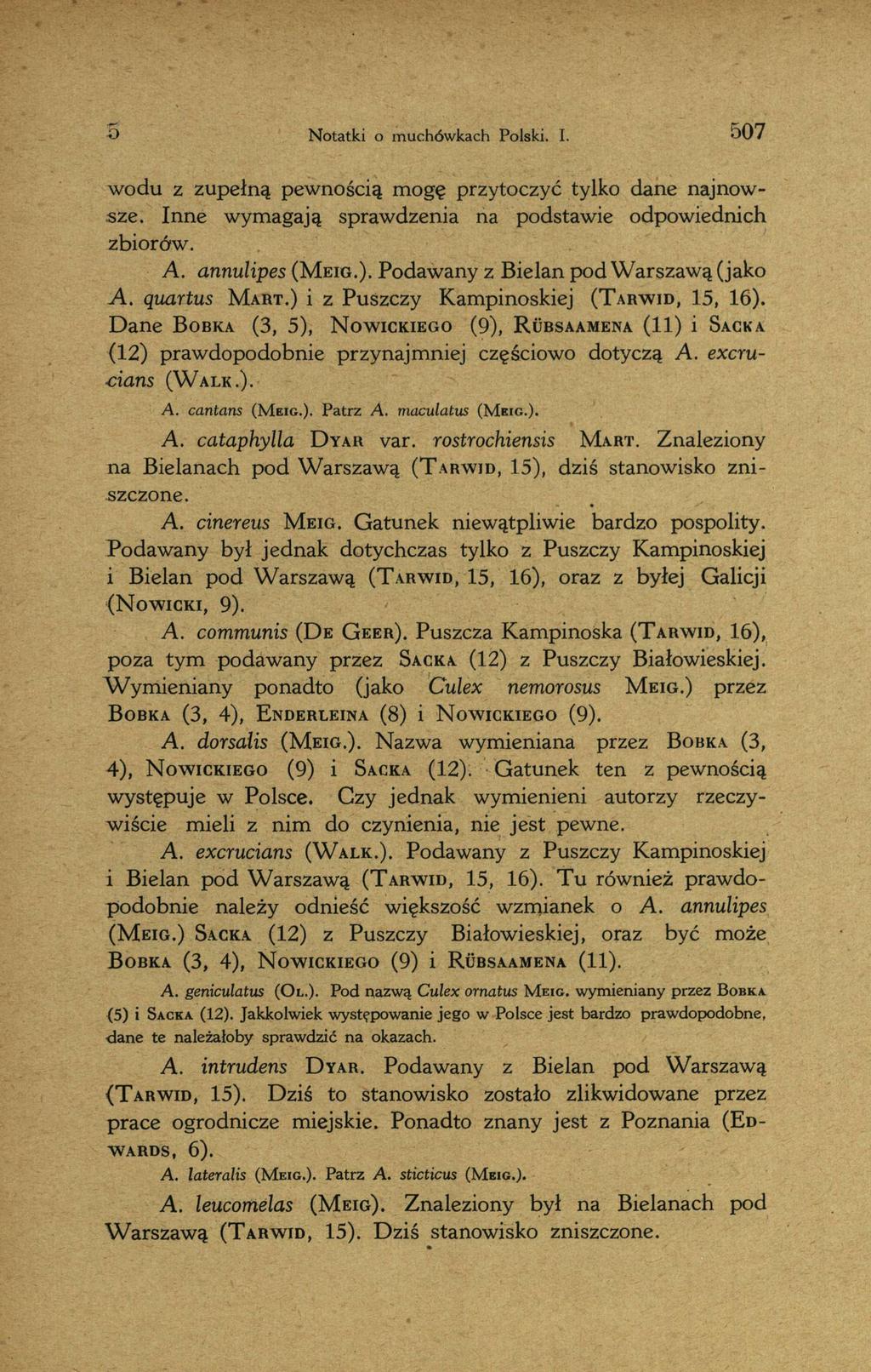 -O Notatki о muchówkach Polski. I. 5 0 7 wodu z zupełną pewnością mogę przytoczyć tylko dane najnowsze. Inne wymagają sprawdzenia na podstawie odpowiednich zbiorów. A. annulipes ( M e ig.).