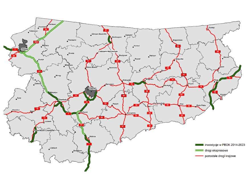 INWESTYCJE Z PBDK 2014-2023 2023 ODZIAŁ OLSZTYN OBWODNICE 1. Budowa obwodnicy Olsztyna w ciągu DK 16 długość: 10 km wartość robót: 387,5 mln zł 3. 2. Budowa obwodnicy Nowego Miasta Lubawskiego w ciągu DK 15 długość: 18 km szacowana wartość robót: 397,9 mln zł 1.