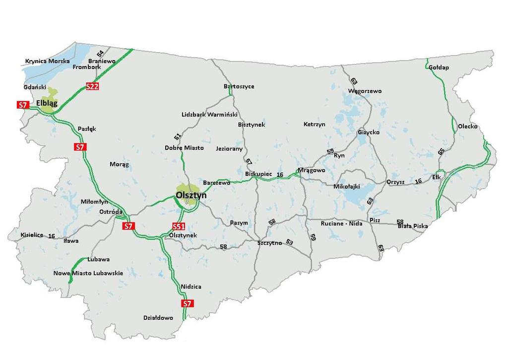 INWESTYCJE Z PBDK 2014-2023 2023 ODZIAŁ OLSZTYN Sieć drogowa województwa warmińsko-mazurskiego po realizacji PBDK 2014-2023 Elbląg Czas podróŝy ok. 45 min.