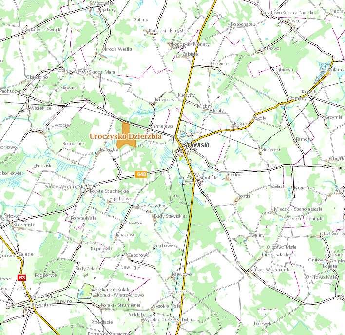Ryc. 7. Położenie rezerwatu na terenie gminy Stawiski Źródło: www.geoserwis.gdos.gov.pl Rezerwat Uroczysko Dzierzbia został powołany rozporządzeniem Wojewody Podlaskiego Nr 8/01 z dnia 30.03.2001 (Dz.