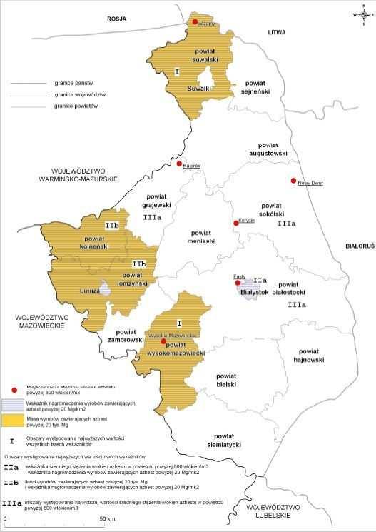 Białystok (106,7 Mg/km 2 ) oraz w powiecie wysokomazowieckim (84,8 Mg/km 2 ). Średni wskaźnik nagromadzenia azbestu dla województwa podlaskiego wynosi 16,9 Mg/km 2.