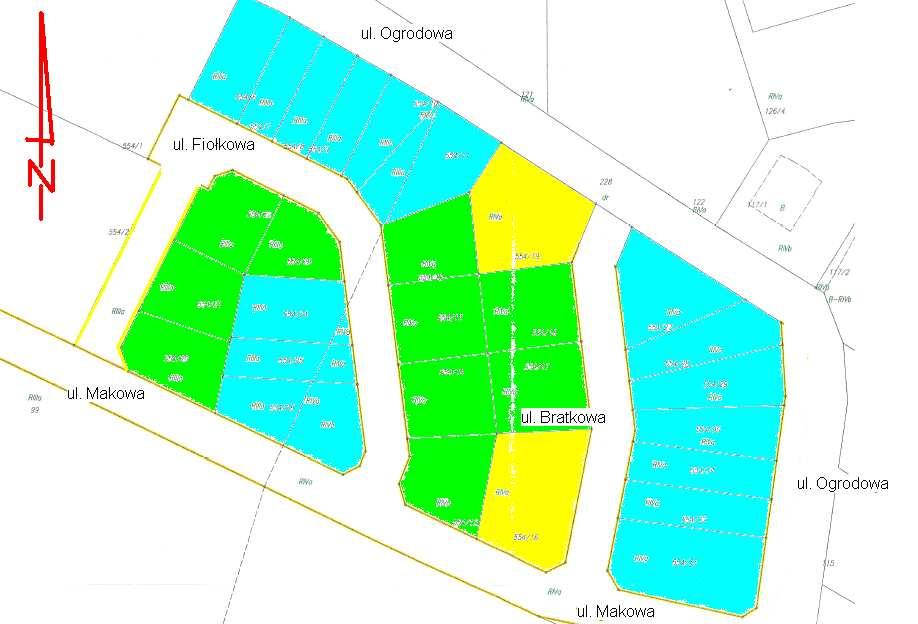 Mapa ewidencyjna Oznaczenie działek: kolor niebieski działki do zabudowy szeregowej mieszkalnej kolor żółty