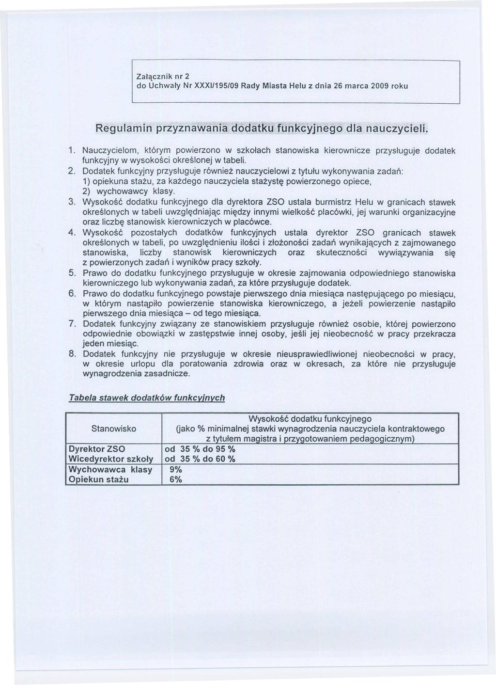 Załącznik nr 2 do Uchwały Nr XXXI/195/09 Rady Miasta Helu z dnia 26 marca 2009 roku Regulamin prżyznawania dodatku funkcyjhego dla nauczycieli. 1.
