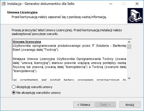 Następnie należy przeczytać i zaakceptować umowę licencyjną oraz nacisnąć przycisk Dalej > Rysunek 2 W oknie kreatora pojawi się możliwość