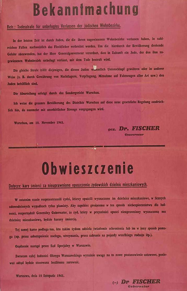 OBWIESZCZENIE O KARZE ŚMIERCI Obwieszczenie informujące o decyzji Hansa Franka wydane przez gubernatora dystryktu warszawskiego dr.