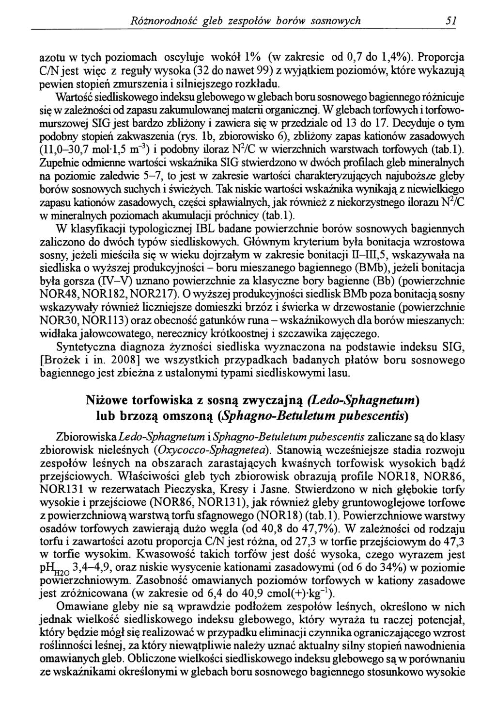 Różnorodność gleb zespołów borów sosnowych 51 azotu w tych poziomach oscyluje wokół 1% (w zakresie od 0,7 do 1,4%).