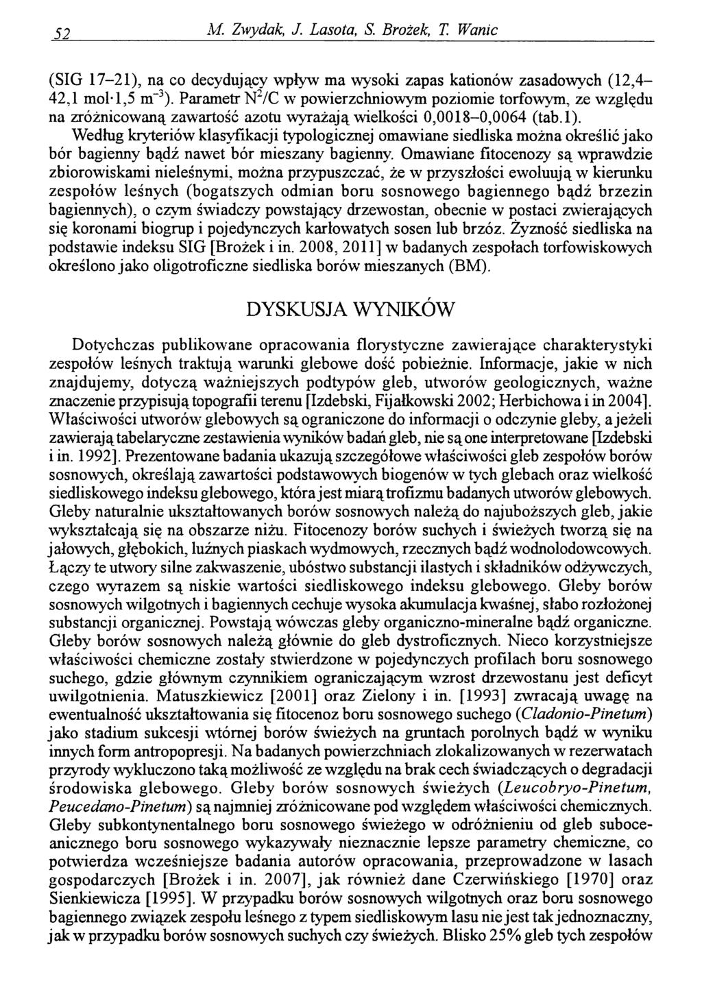 51 M. Zwydak, J. Lasota, S. Brożek, T Wanic (SIG 17-21), na co decydujący wpływ ma wysoki zapas kationów zasadowych (12,4 42,1 mol-1,5 m 3).
