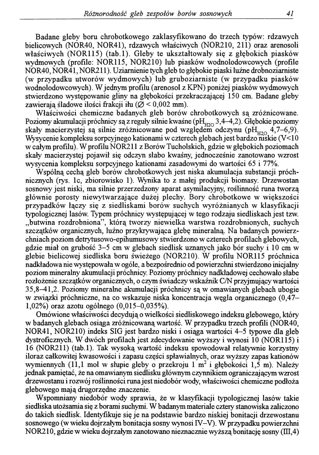 Różnorodność gleb zespołów borów sosnowych 41 Badane gleby boru chrobotkowego zaklasyfikowano do trzech typów: rdzawych bielicowych (NÓR40, NOR41), rdzawych właściwych (NOR210, 211) oraz arenosoli