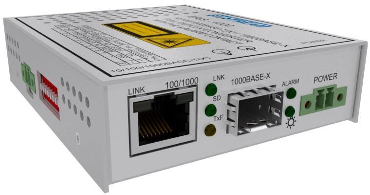 -1000 Światłowodowy media konwerter Ethernet 1000Mb/s lub 100Mb/s Obsługa interfejsów RJ45 10/100 Mb/s na 100 Mb/s SFP w modelu -100 lub RJ45 10/100/1000 Mb/s na 1000 Mb/s SFP w modelu -1000