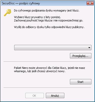 Płyta z danymi Otworzy się okno SecurDisc - podpis cyfrowy. 2. Jeżeli utworzyłeś już klucz cyfrowy, kliknij przycisk Przeglądaj i wskaż klucz. 3.