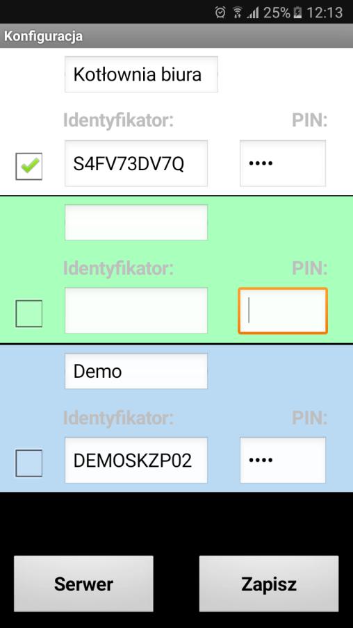 Mamy możliwość skonfigurowania szybkiego dostępu do trzech sterowników. Musimy podać Identyfikator oraz numer PIN. Identyfikator jest dostarczany wraz z urządzeniem (jest nadawany przez firmę TIMEL).