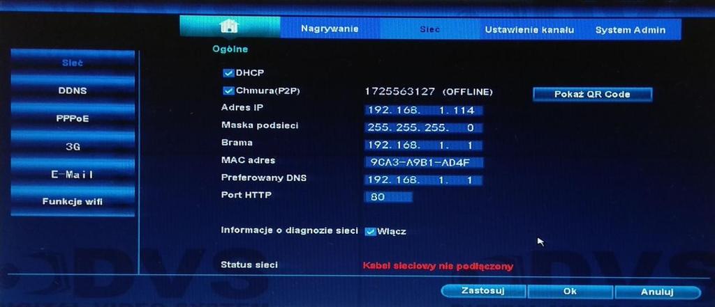 dvs.com.pl 8 Dostęp lokalny przez przeglądarkę internetową Kliknij prawy przycisk myszki -> Opcje systemowe -> Sieć. Przed podłączeniem rejestratora do sieci LAN, domyślny adres IP to 192.168.1.114.