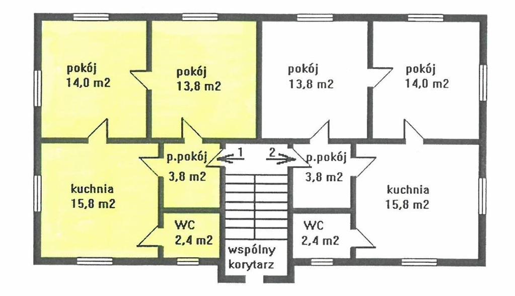 Rzut parteru budynku, na którym kolorem żółtym oznaczono przedmiotowy lokal 1.