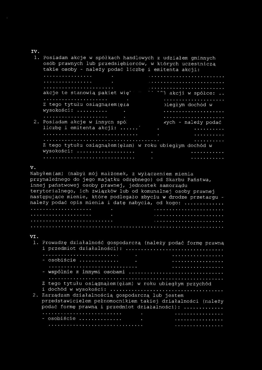 IV. 1. Posiadam akcje w spółkach handlowych z udziałem gminnych osób prawnych lub pr zedsięb i orców, w których uczestniczą V.