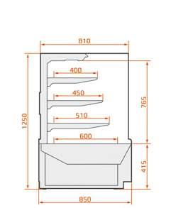 LCC Carina 04 EN STANDARD FITTINGS USE DO UŻYTKU STORAGE PRZECHOWYWANIE integral condensing unit fan-assisted refrigeration single straight front glass, tilt forward with top shelf double glazed rear