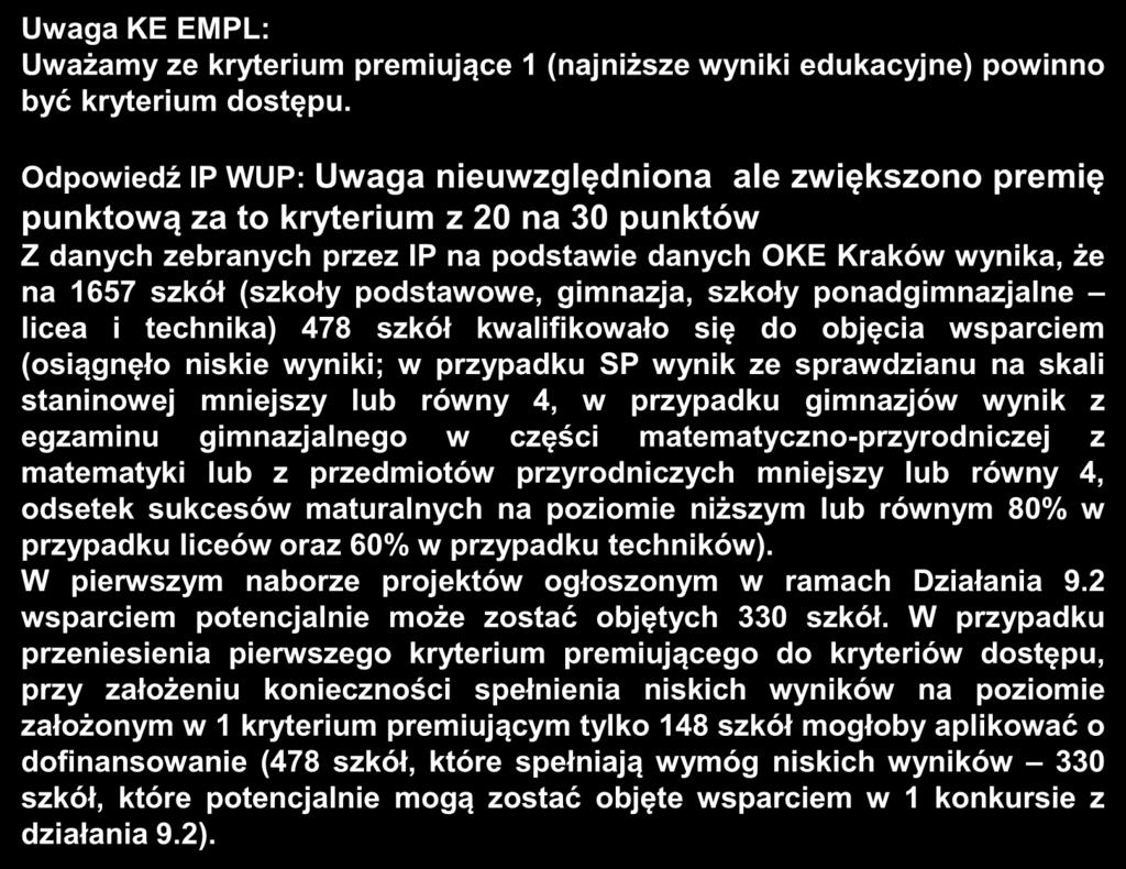 Uwagi zgłoszone do kryteriów dla Działania 9.2 Uwaga KE EMPL: Uważamy ze kryterium premiujące 1 (najniższe wyniki edukacyjne) powinno być kryterium dostępu.