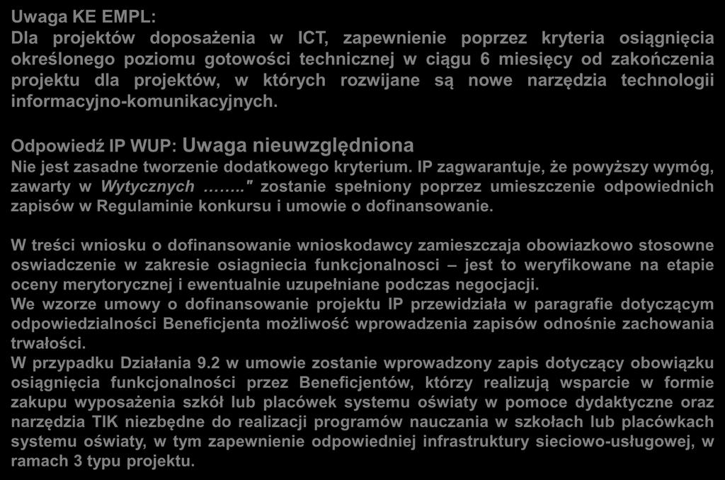Uwagi zgłoszone do kryteriów dla Działania 9.