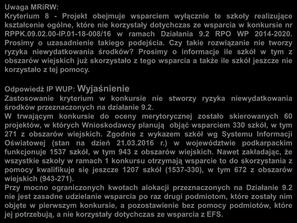 Uwagi zgłoszone do kryteriów dla Działania 9.