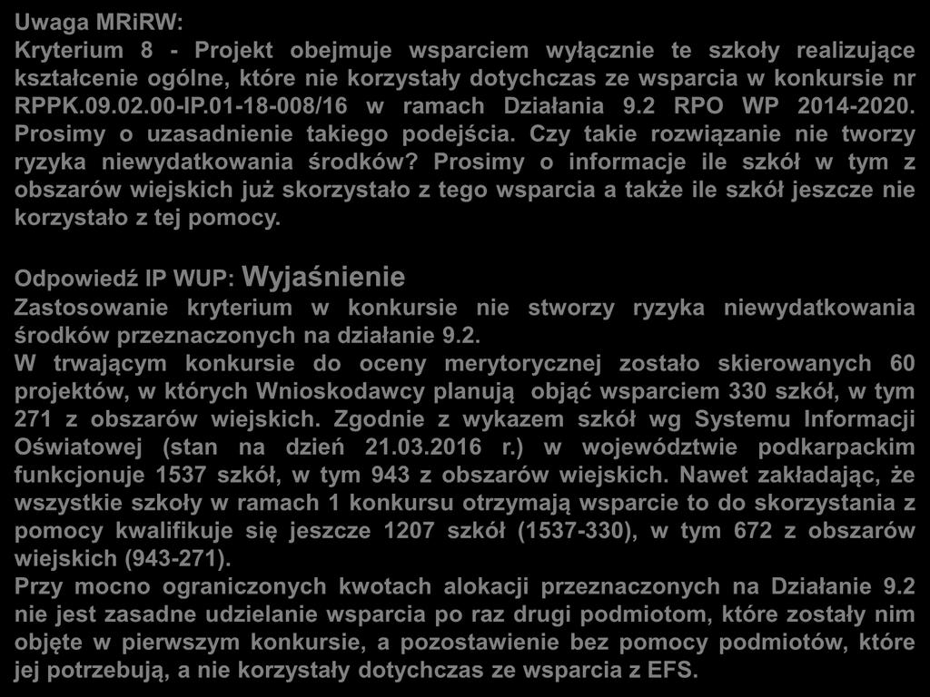 Uwagi zgłoszone do kryteriów dla Działania 9.