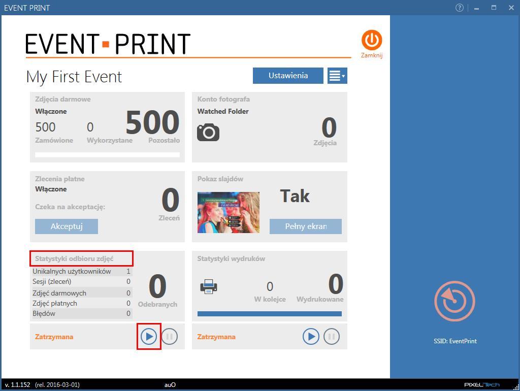 4. OKNO STARTOWE OPROGRAMOWANIA EVENT PRINT SERVER 4.1 Aby uruchomić usługę przyjmowania zdjęć, naciśnij przycisk w sekcji Statystyki odbioru zdjęć. UWAGA!
