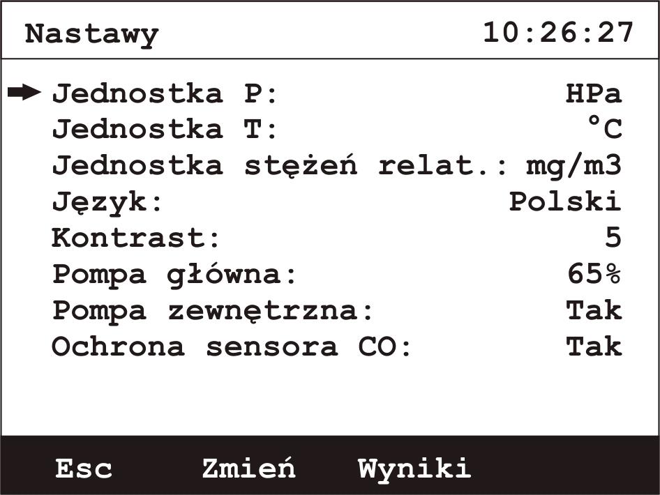 5.3.6.2. Rysunek 30. Nastawy Ekran nastaw. Ekran umożliwia dostęp do następujących nastaw i ich zmianę: Jednostka P zmiana jednostki ciśnienia; dostępne jednostki to: Pa, hpa, mmh2o, inh2o.