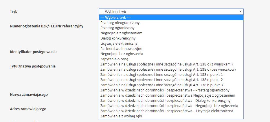 Podstawowym krokiem jest wybranie trybu postępowania z rozwijanej listy: W zależności od wybranego trybu pole z datami będzie zawierało inny zestaw pól, np.