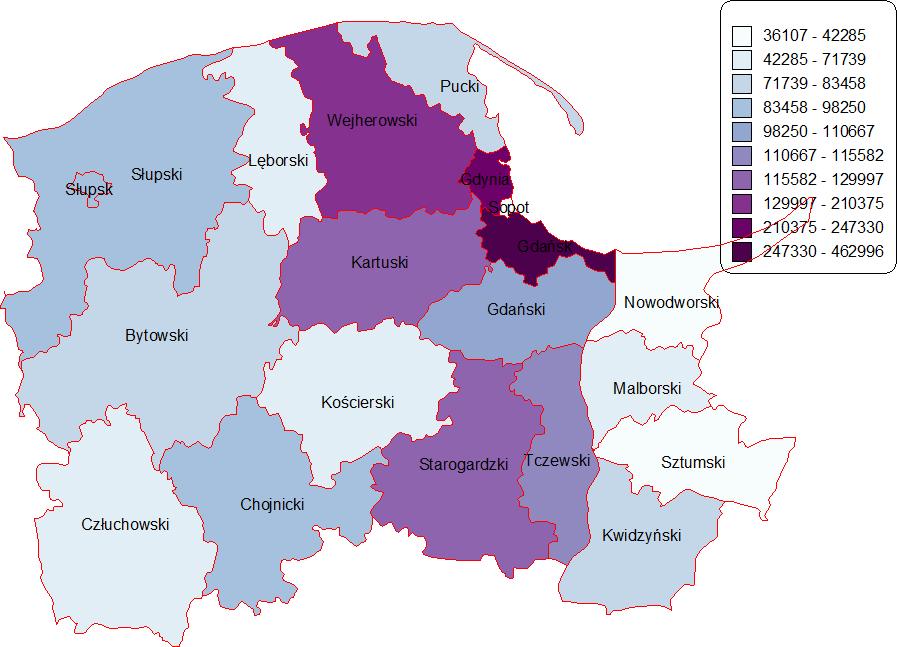 Rysunek 5-1. Ludność w województwie pomorskim w podziale na powiaty w 2016.