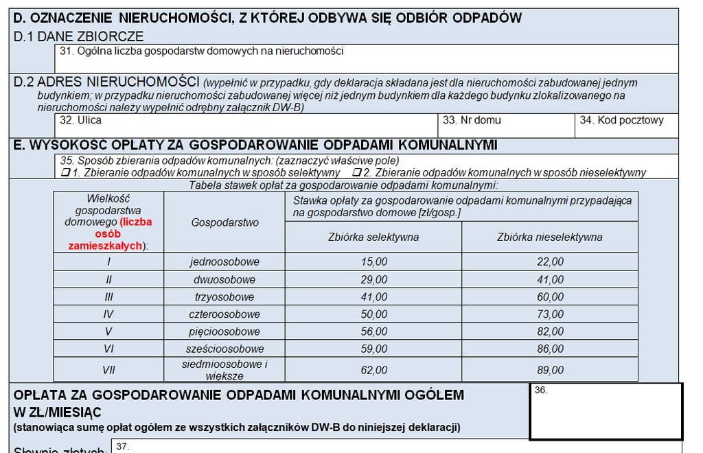 Wzór deklaracji o wysokości opłaty za gospodarowanie odpadami komunalnymi dla właścicieli nieruchomości, na których zamieszkują mieszkańcy w