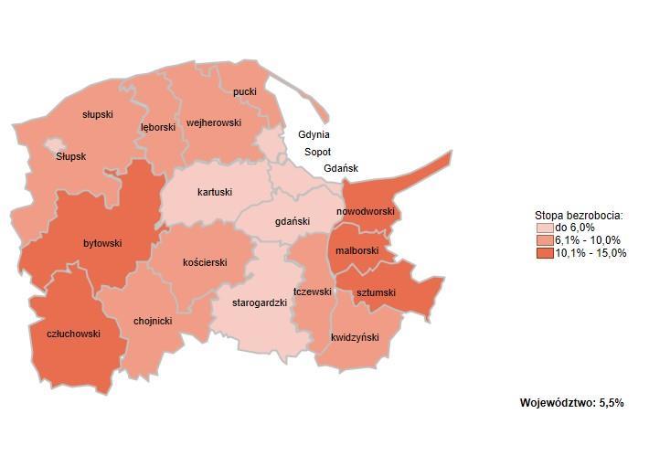 Charakterystyczną cechą bezrobocia na Pomorzu jest jego zróżnicowanie przestrzenne - najlepsza sytuacja występuje w Trójmieście (stopa bezrobocia poniżej 3%), a najtrudniejsza w powiatach