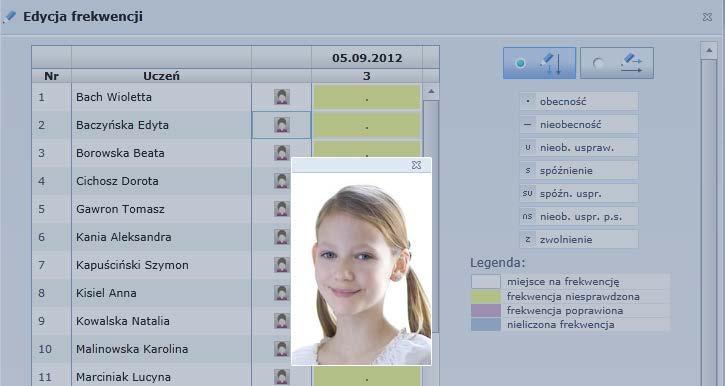 Sekcja Legenda informuje, co oznaczają kolory stosowane w kolumnach tabeli. Kliknięcie ikony powoduje wyświetlenie zdjęcia ucznia (jeśli zostało wcześniej dołączone). 4.