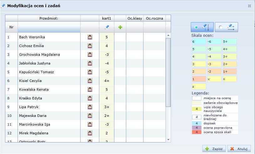 W polu Notatka możesz umieścić dowolny komentarz. 6. Zamknij formularz, klikając przycisk Zapisz. Zadania z tych samych zajęć edukacyjnych mogą być oceniane w dowolnie wybranej skali. 7.