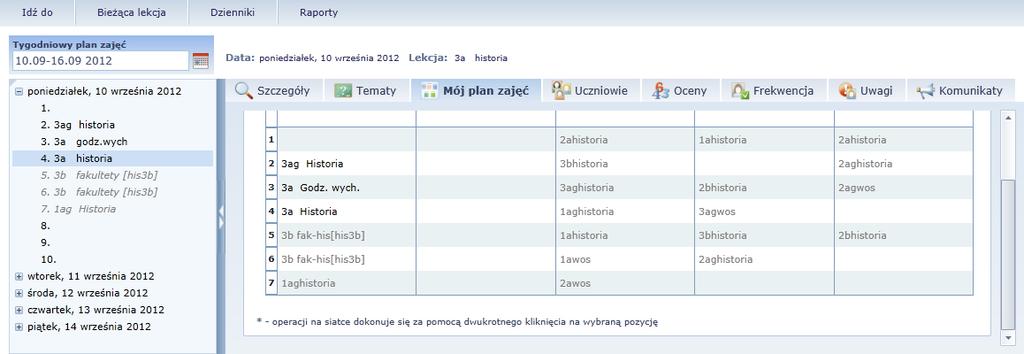 4. Kliknij dwukrotnie w tabeli lekcję, której fakt odbycia chcesz potwierdzić wyświetli się formularz Dodawanie lekcji z automatycznie wprowadzonymi informacjami dotyczącymi lekcji. 5.