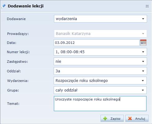 2. Na karcie Szczegóły kliknij przycisk Dodaj i wypełnij formularz Dodawanie lekcji. W polu Dodawanie ustaw pozycję wydarzenia.