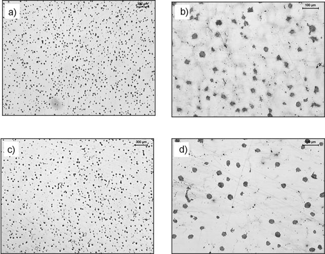 Rys. 3. Mikrostruktura żeliwa z wytopu nr 6 i nr 9; a, c) zgład nietrawiony, b, d) zgład trawiony Fig 3. Microstructure of austenitic ductile iron from melt No 6 and No 9 Rys. 4.