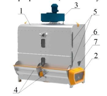 1 Urządzenie do podawania i dystrybucji materiału 2 Materiał wyjściowy 3 System aspiracji (oczyszczanie powietrzem) 4 Sito do czyszczenia 5 Podsiew 6 Lekkie domieszki 7 Duże domieszki 8