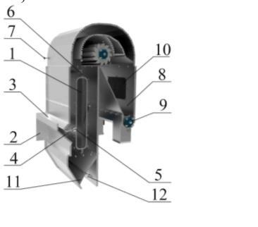 Materiał dostaje się do tacy (3), w której zasłona (4) z przeciwciężarami (5) równomiernie dozuje materiał do kanału pneumatycznego.