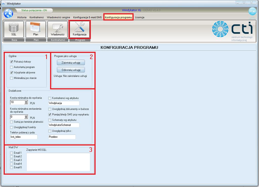 3.3. Ogólna konfiguracja programu Aby dokonać pierwszej konfiguracji programu trzeba wybrać z górnego menu zakładkę Konfiguracja programu, a następnie kliknąć w ikonę Konfiguracja.