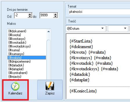 W porównaniu do zwykłego schematu wiadomości w Dni po terminie należy podać przedział dni, z których będą brane pod uwagę dokumenty (według terminu płatności). 3.7.1.