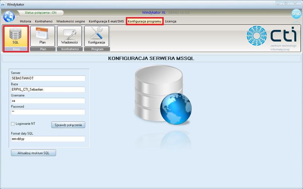 3. Konfiguracja 3.1. Połączenie z bazą SQL Przed rozpoczęciem wprowadzania ustawień konfiguracyjnych do programu należy nawiązać połączenie z bazą SQL.