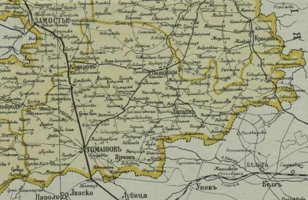 35 Mapa 3 Rok 1915. Powiat tomaszowski guberni chełmskiej. Reprodukcja fragmentu mapy Карта Холмской губернии (Krajowy Dom Wydawniczy Franciszka Karpowicza, Warszawa, 1915; domena publiczna).
