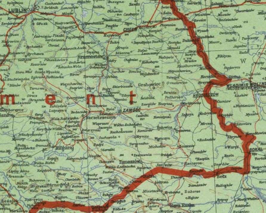 57 Mapa 5 Rok 1941, 15 marca. Reprodukcja fragmentu mapy: Die neuen deutschen Ostgebiete (Polen): stand vom 15.März 1941, Berlin, 1941 (domena publiczna). Komarów częścią Generalnego Gubernatorstwa.