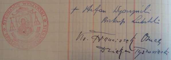 66 Dokument 4 Rok 1947, 15 września. Podpisy pod protokołem z wizytacji. 11 lipca 1948 roku w kościele w Komarowie odprawił mszę prymicyjną ks. Mieczysław Jachymek 388.
