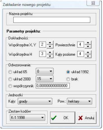 Zadanie 32. Którą dokładność określenia powierzchni ustawiono dla nowo zakładanego projektu na przedstawionym obrazie okna dialogowego programu geodezyjnego? A. 1 ha B. 1 a C. 1 m² D.