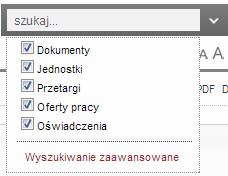 System umożliwia również wyszukiwanie treści na stronie z wyborem odpowiedniego filtru (dokumenty, jednostki, przetargi, oferty pracy oraz oświadczenia).