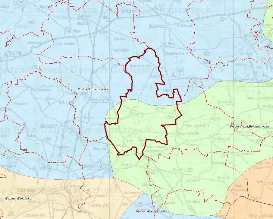 Mapa 4. Gmina Rząśnia na tle podziału fizyczno-geograficznego Polski Źródło: Centralna Baza Danych Geologicznych: http://bazagis.pgi.gov.pl/website/cbdg/viewer.htm 5.2.