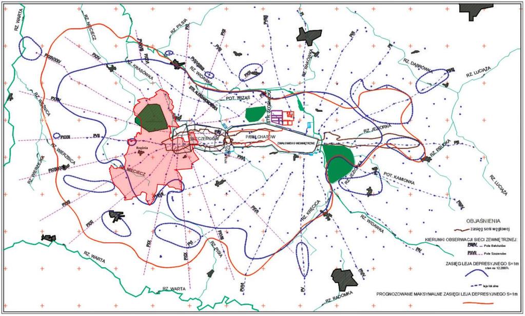 Mapa 5. Obecny i przewidywany zasięg leja depresyjnego. Źródło J. Gasiński, T.