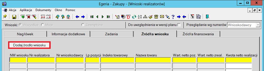 Usunięcie należy potwierdzić klawiszem F10 lub przyciskiem zadania należy usunąć przypisane źródła finansowania.. Przed usunięciem 4. Ustawienie źródeł wniosku.